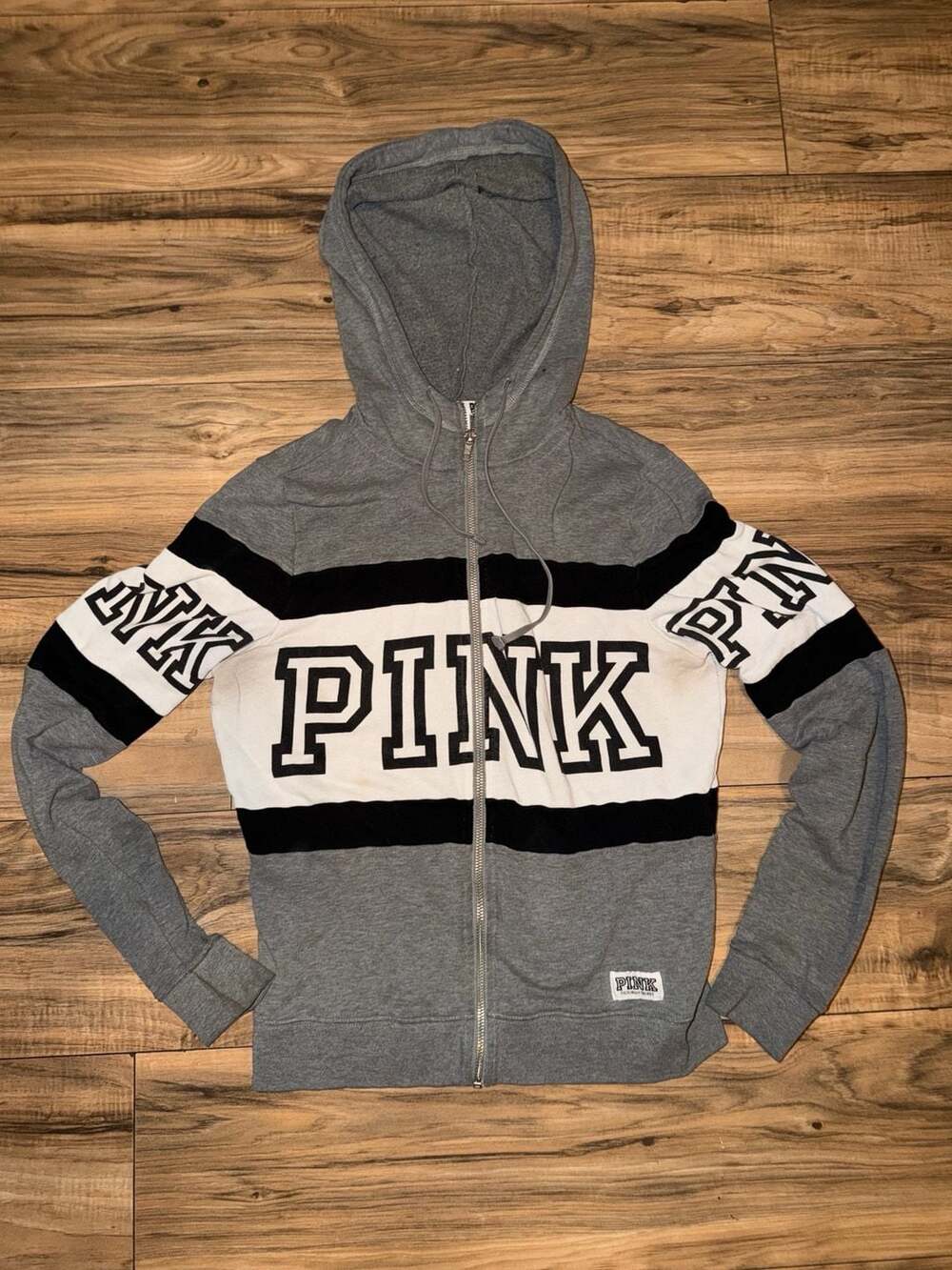 Victoria's Secret PINK Full Zip Hoodie Size M Gray Black White Colorblock